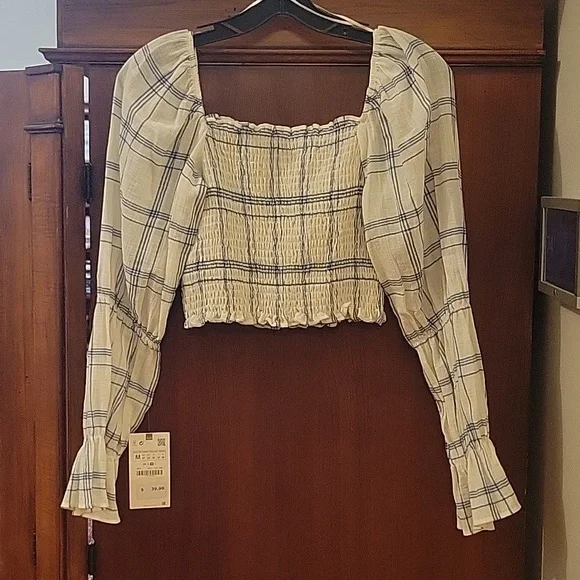 Zara | Plaid Long Sleeve Crop Top with Smocking At Chest 100% Cotton - M - Picture 5 of 10